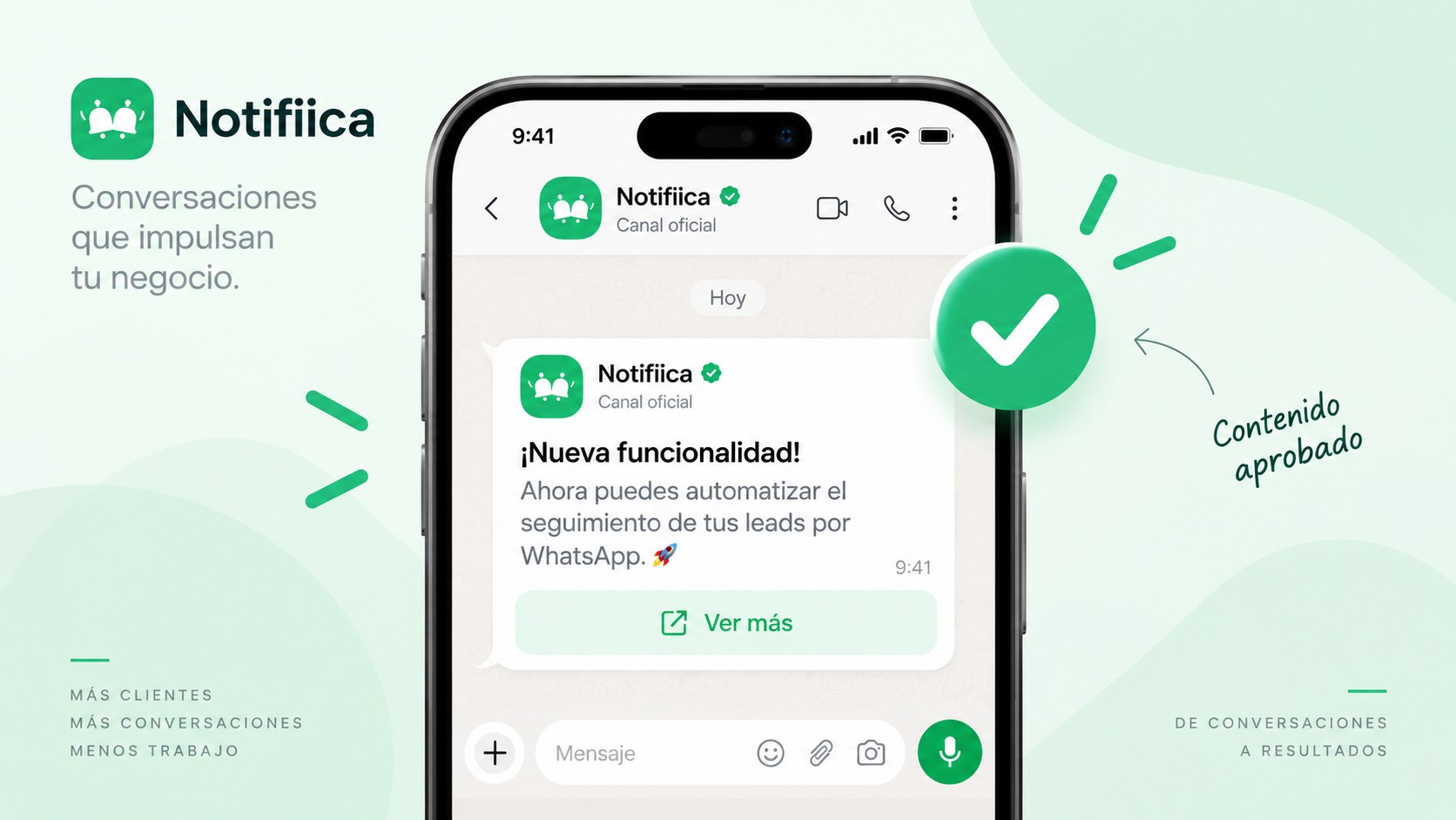 Teléfono mostrando una plantilla de WhatsApp aprobada con un check verde.